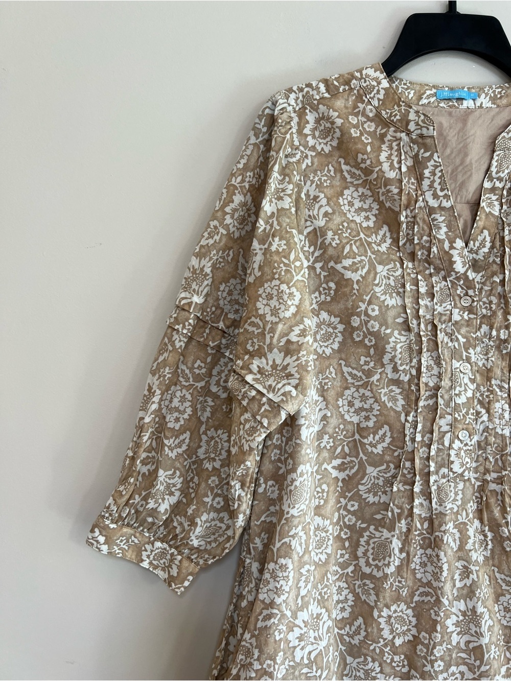 J. McLaughlin Cotton Button Front Puff Sleeve Sabina Shift Tan Floral Dress, M - Picture 5 of 12